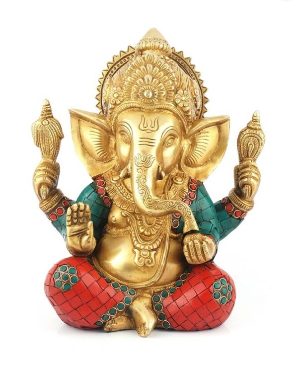 Seated Brass Ganesha Wtih Inlay