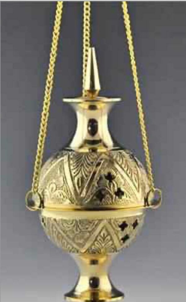 Carved Brass Hanging Censer Burner - 7"H