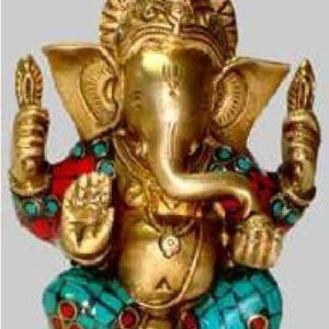 Brass Ganesh Sitting W/Stone Work 6H"