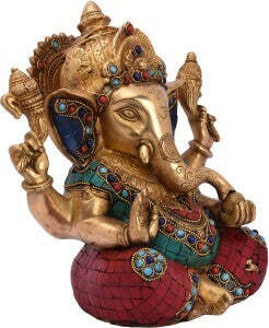 Seated Brass Ganesha With Inlay Multi Color 14"H Seated Brass Ganesha With Inlay Multi Color 14"H