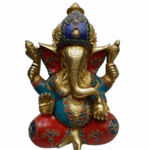 Ganesha sentado de latón con trabajo en piedra