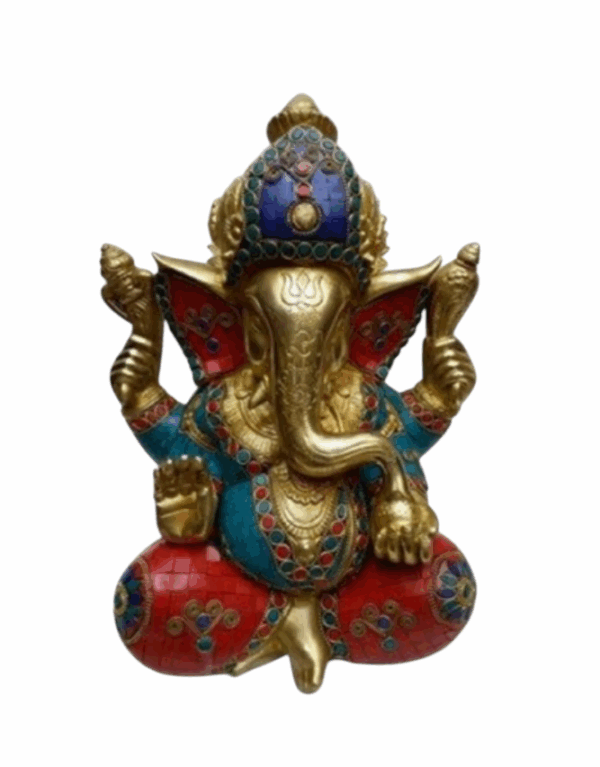 Ganesha sentado de latón con trabajo en piedra