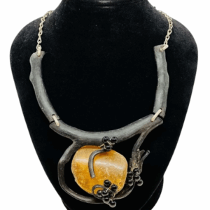 Wood Necklace With Rough Amber - Obsidian Pendant