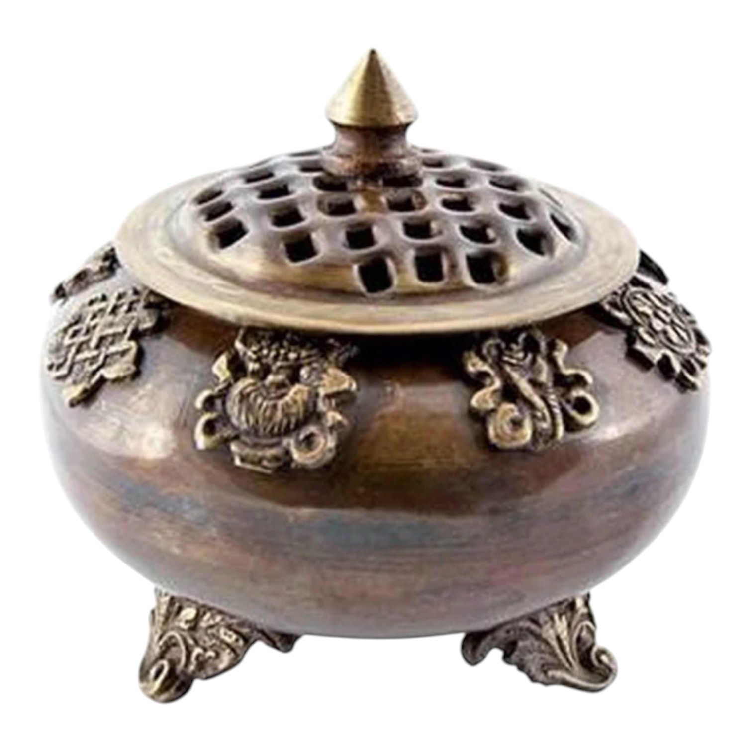 Eight Auspicious Symbols Copper Censer Burner | Antique Tibetan Incense Burner