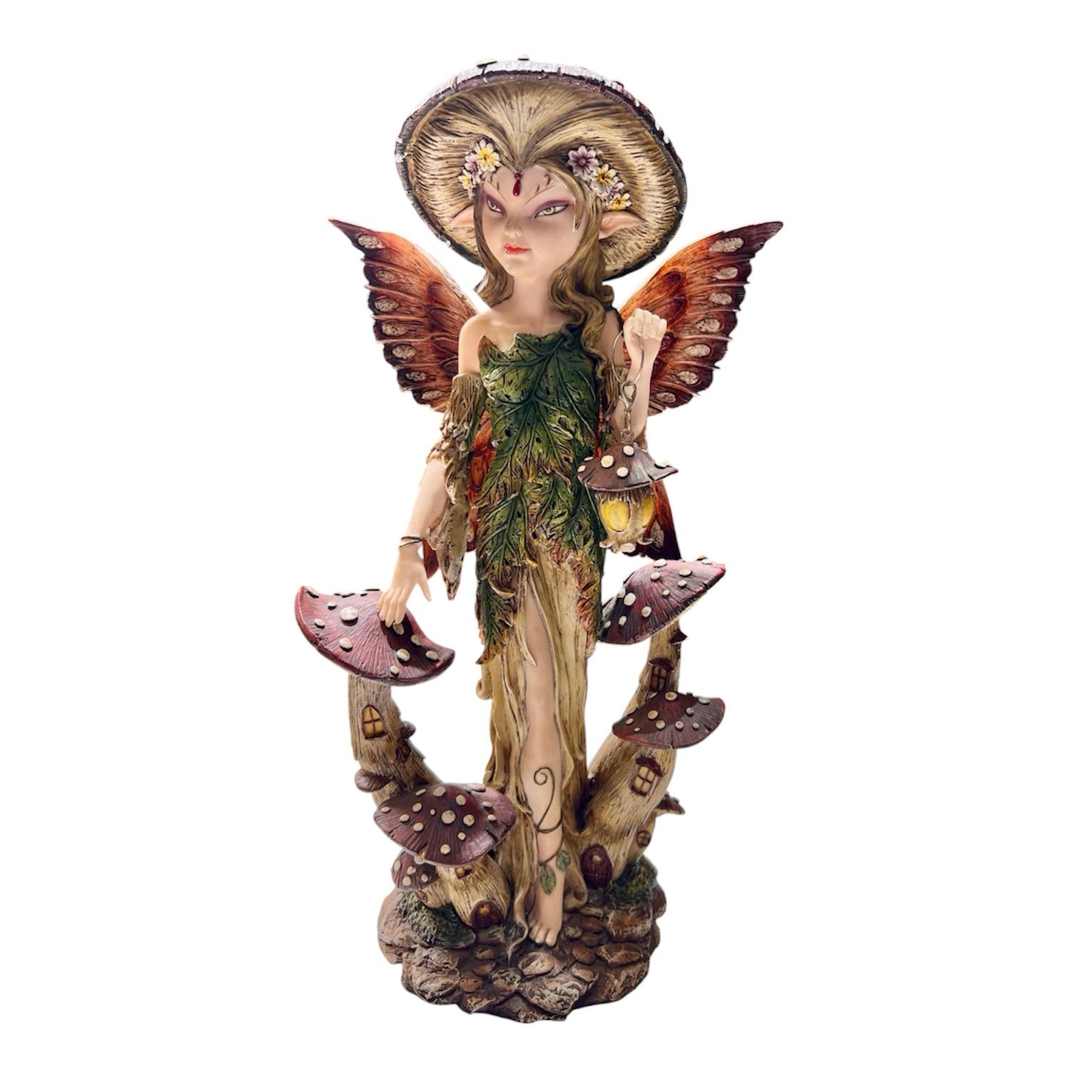 Woodland Fairy with Lantern Statue – Enchanted Mushroom Fairy Sculpture 14"