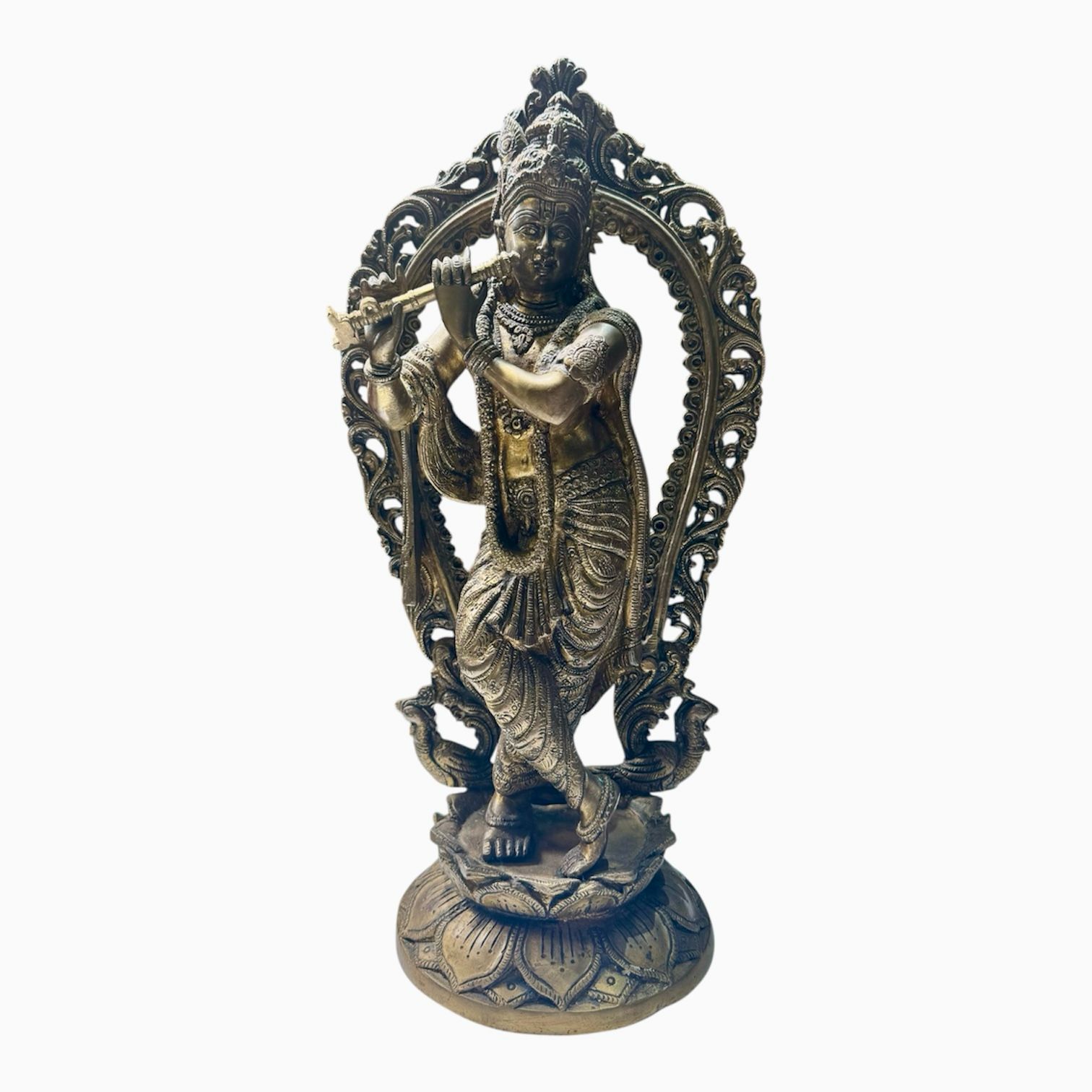 Large Solid Brass Lord Krishna Playing Flute Statue – 16" Hindu Spiritual Sculpture