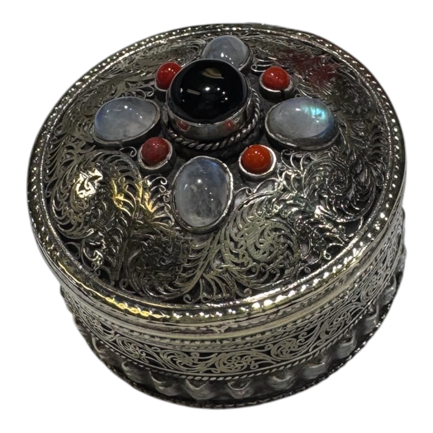 Handcrafted Tibetan Silver Filigree Jewelry Box with Moonstone, Labradorite & Onyx Accents