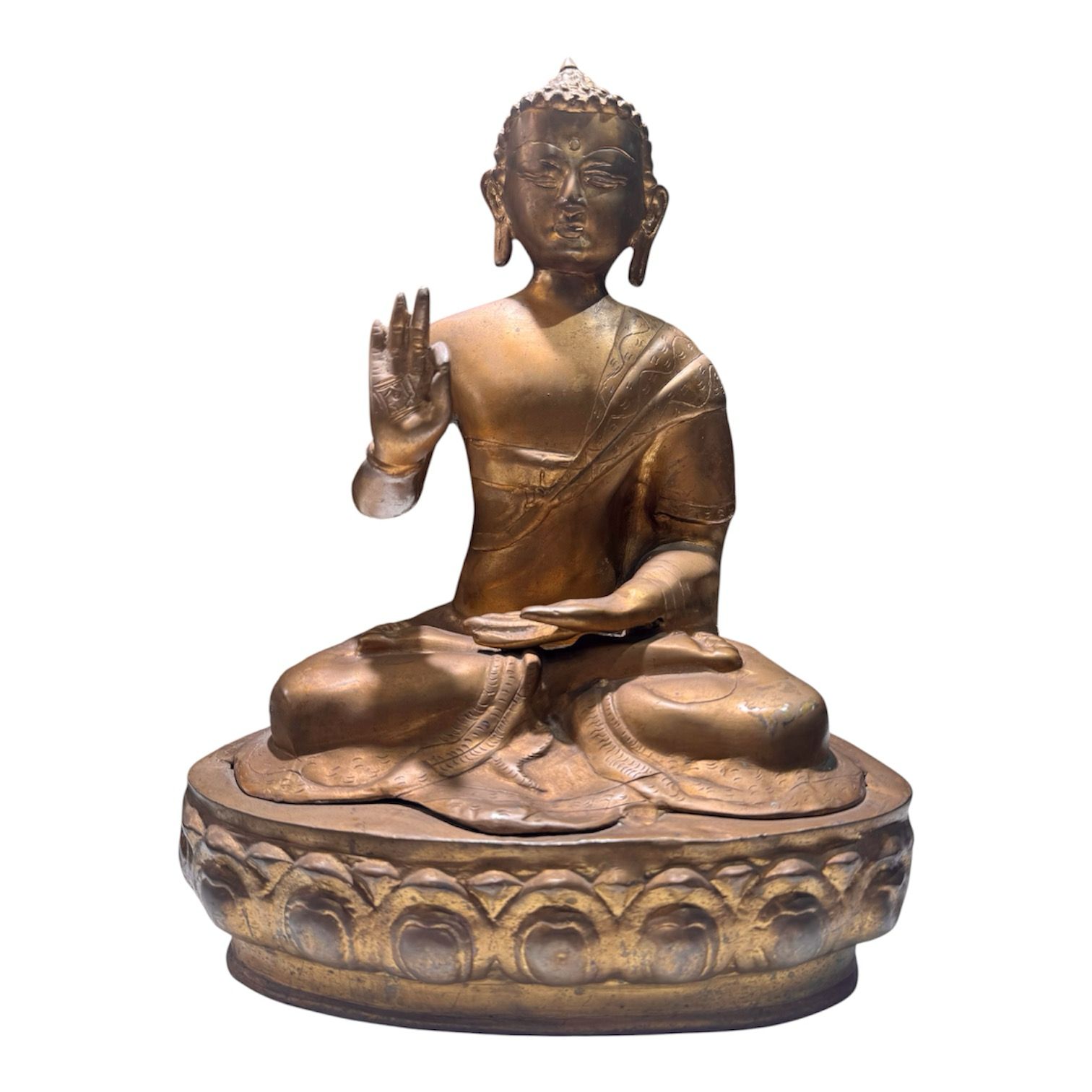 Antique Brass Buddha Statue with Aged Gold Finish – Abhaya Mudra Protection & Peace